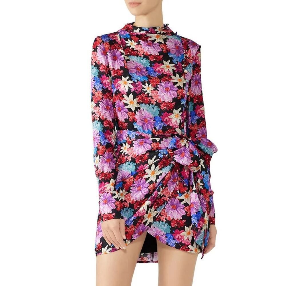 PINKO Dress Floral Silk Blend Long Sleeve Faux Wrap Sheath Mini Pink Multi Small